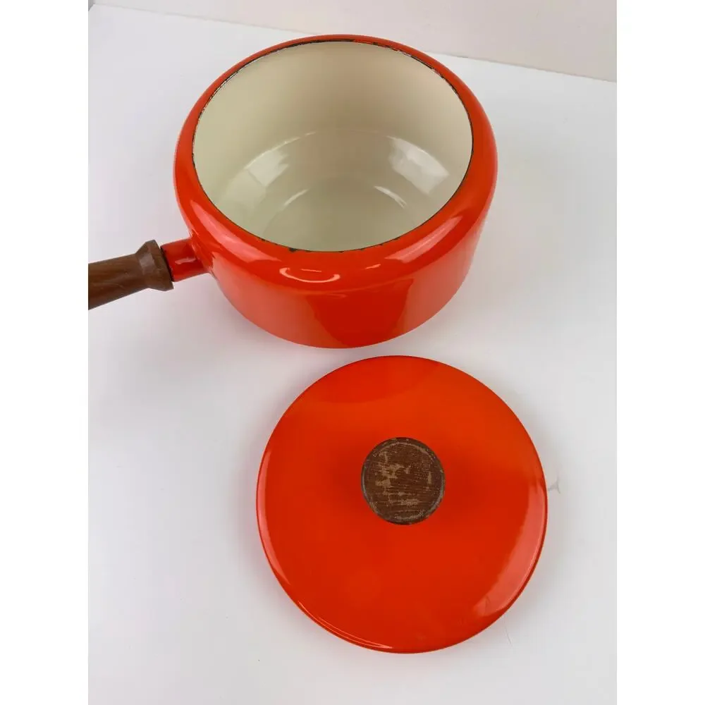 Vintage Bright Enamel Orange Fondue Pot Aluminum Wooden Single Handle with Lid